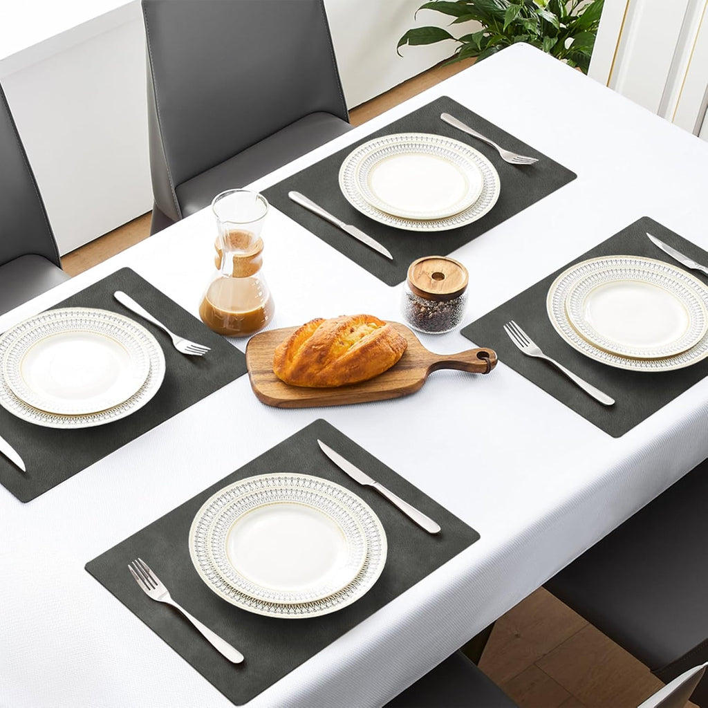 MOSAYT Vinyl Placemats Set of 4-12 X 17 Inch - Faux Leather 100% Waterproof Oil-Proof Wipeable PU Place Mats, Heat Resistant Reversible Table Mats for Kitchen, Dining, Outdoor (Dark Grey)