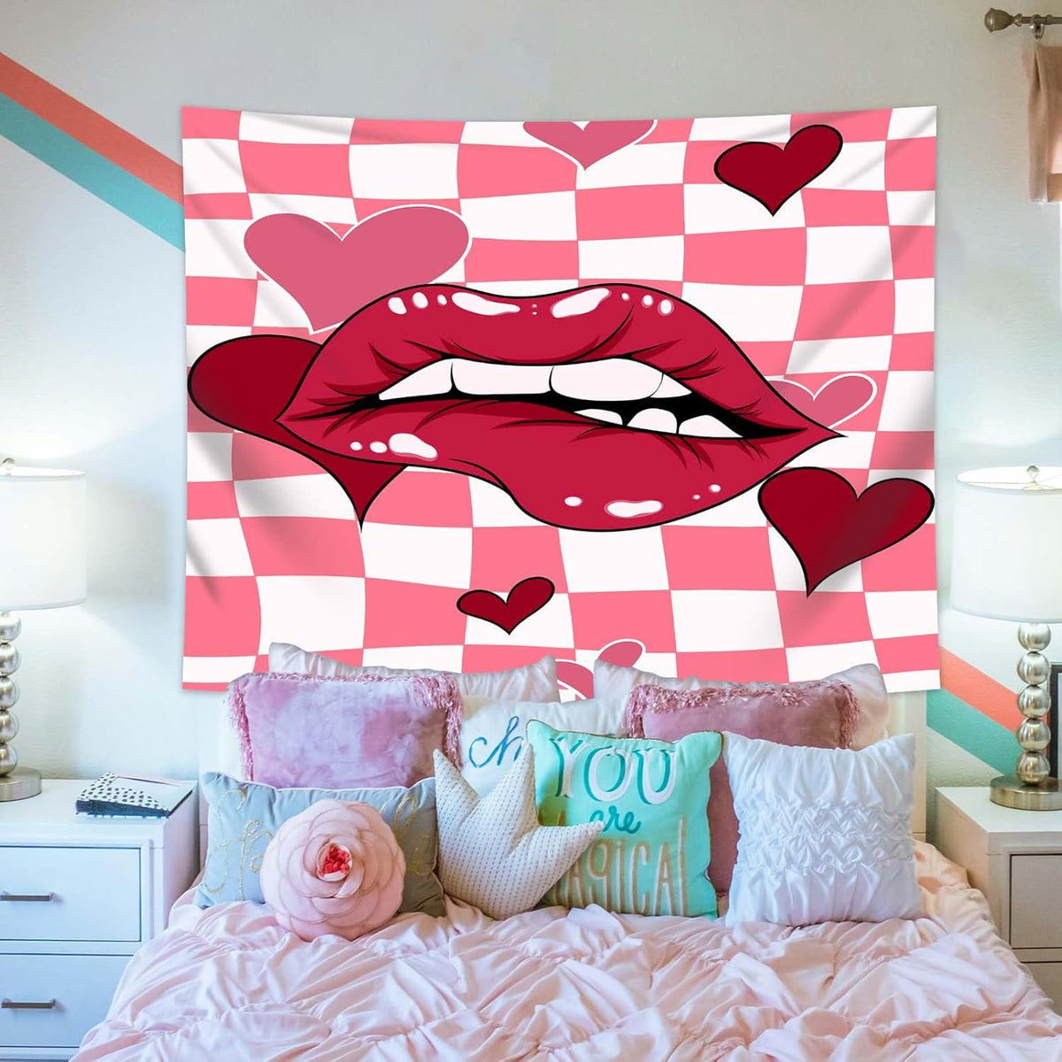 dueeia Sexy Red Lip Tapestry Wall Hanging Y2k Preppy Pink Retro Coquette Women Tapestries for Girls Bedroom Living Room Dorm Wall Decor (90.6"x70.9")