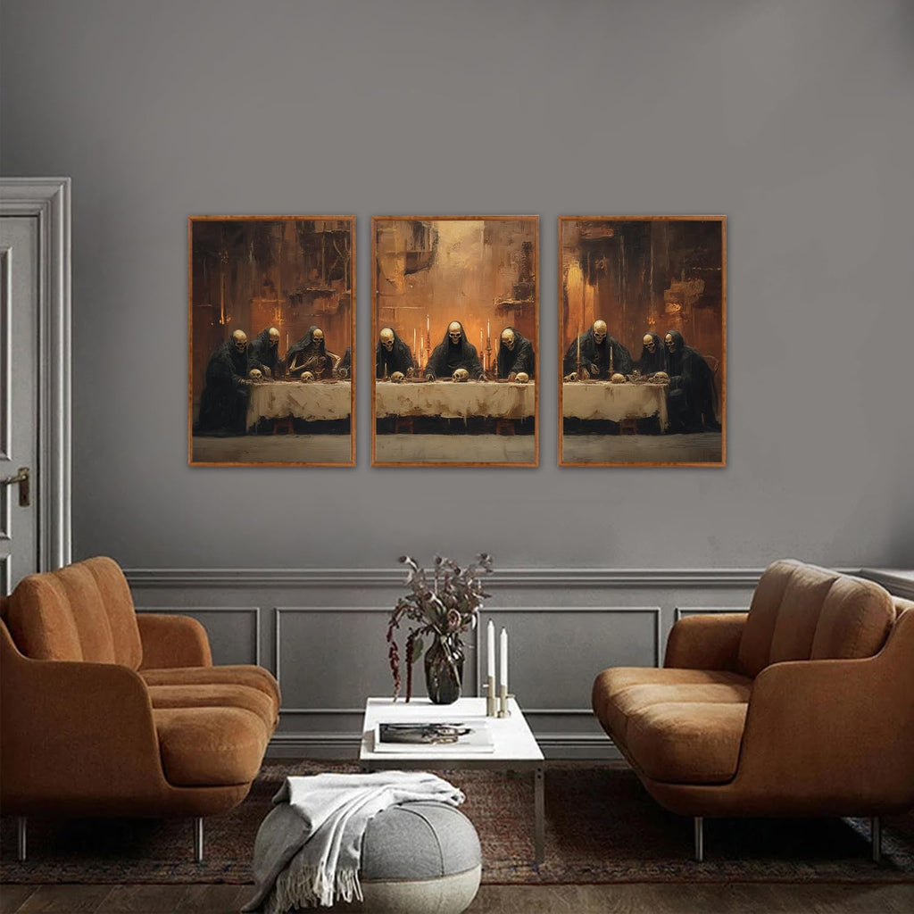 KAIRNE Framed Skeleton Canvas Wall Art,Abstract Retro Skull Pictures Set of 3(16”X24”),Scary Halloween Prints,Horror Wall Art,Skeleton Last Supper Posters for Living Room Bedroom Ding Room Decoration