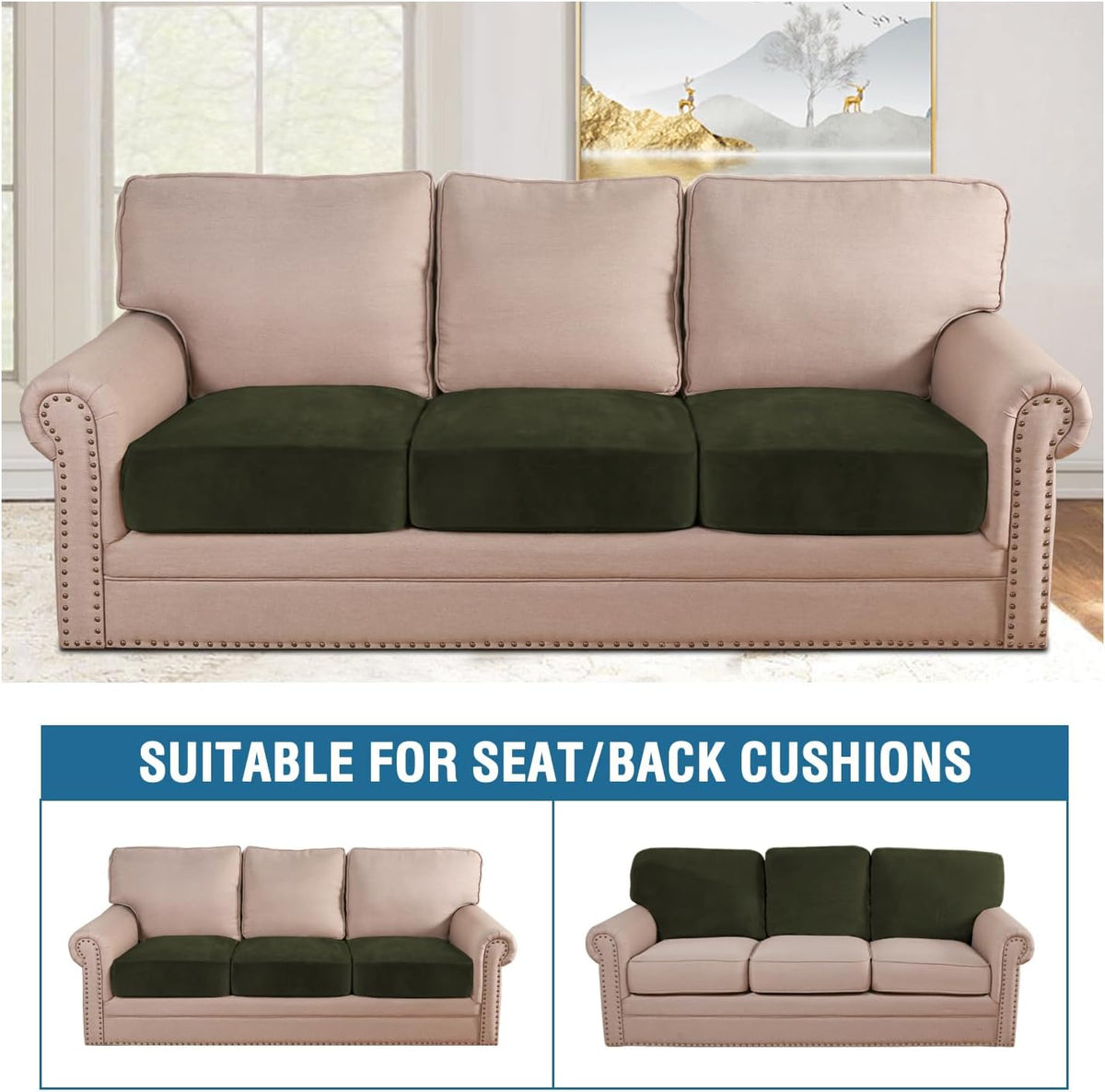 H.VERSAILTEX Velvet Stretch Couch Cushion Cover Plush Cushion Slipcover for Chair Loveseat Sofa Cushion Furniture Protector Seat Cushion Sofa Cover (3 Piece XL Sofa Cushion Covers, Olive)