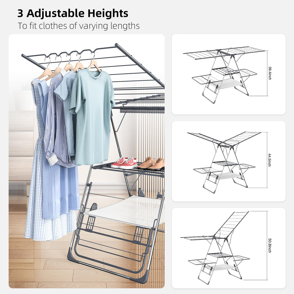 Clothes Drying Rack, Foldable 2-Level Laundry Racks for Drying Clothes Rack,Stainless Steel Drying Rack Clothing Collapsible for Indoor Outdoor,with Height-Adjustable Wings,33 Drying Rails,Gray