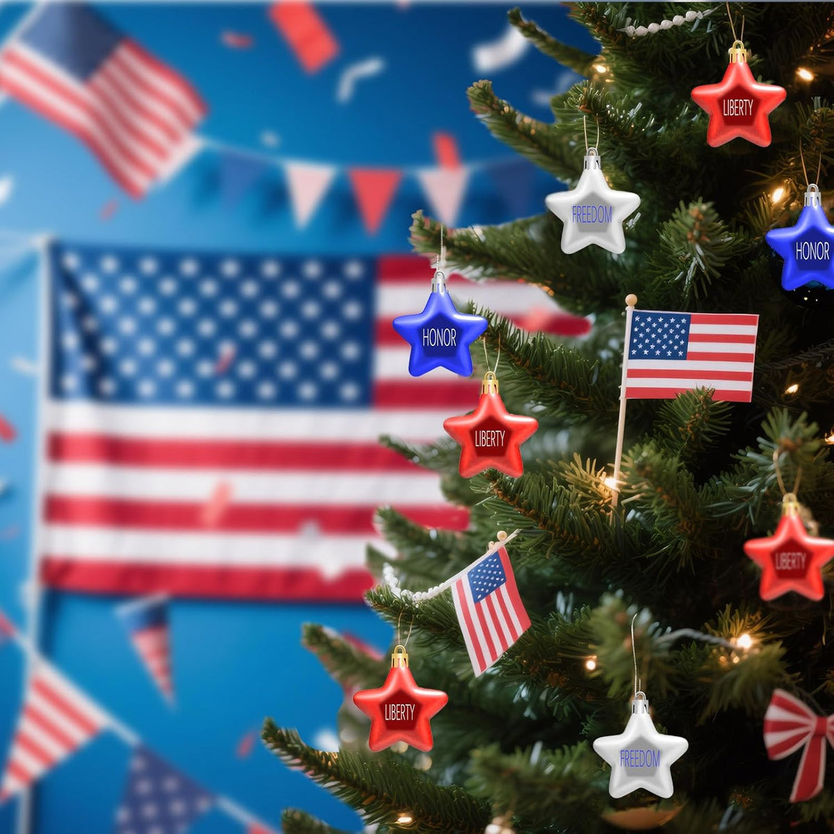 JULMELON 24Pcs 4th of July Patriotic Hanging Star Ornaments for Tree, Independence Day Memorial Day Labor Day Hanging Small Star Decorations for Home Party Christmas Tree Decor, Blue Red and Silver