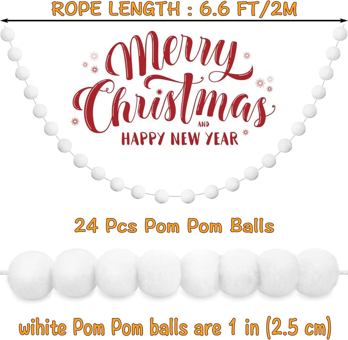 Jishi 3pk White Felt Pom Pom Garland Christmas Tree Decorations Indoor Home Decor, Cute Winter Wonderland Snow Ball Ornaments, Hanging String Pompom Snowball Beads, Xmas Holiday Birthday Party Banners