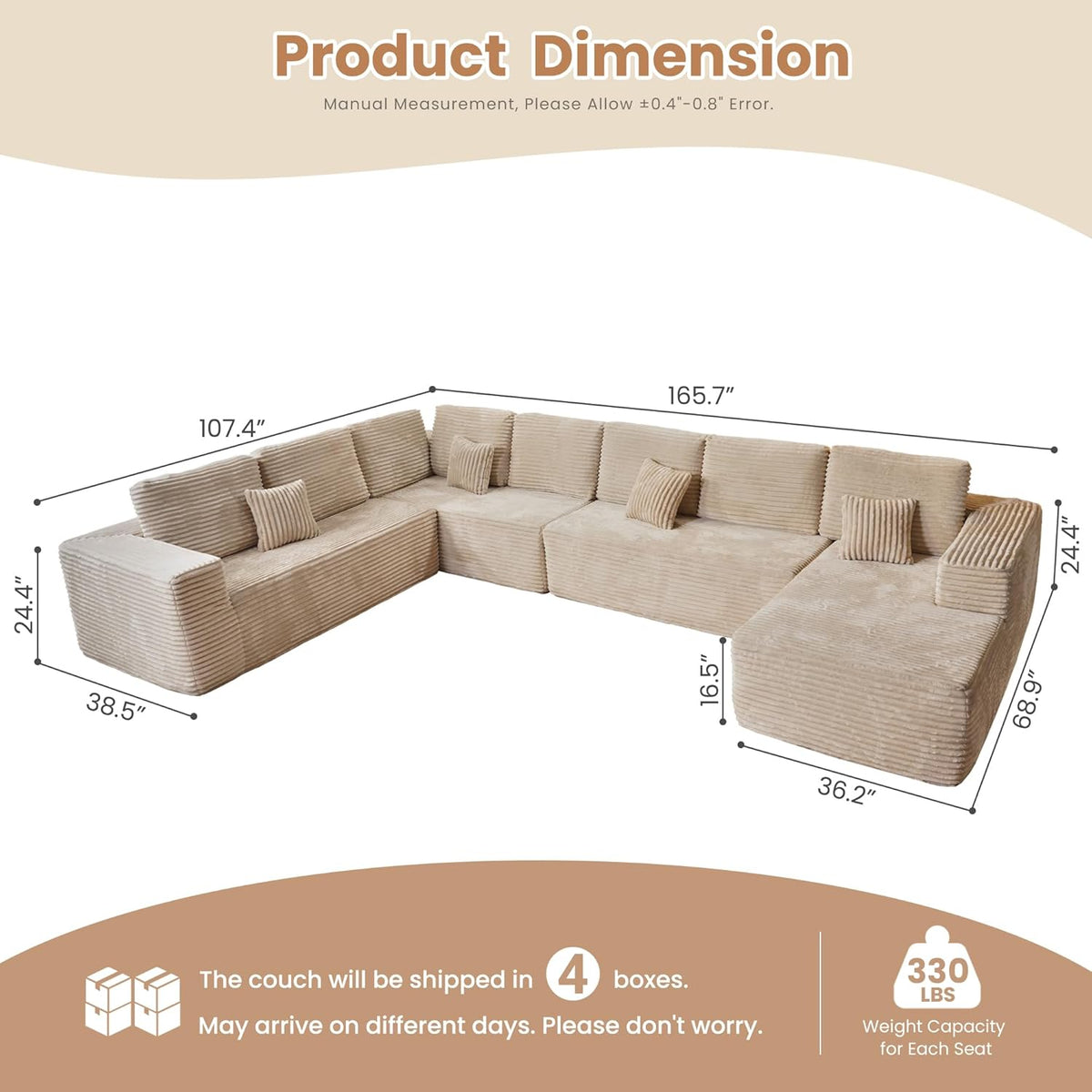 HOOOWOOO Cloud Sectional Couches for Living Room,Modular Sectional Sofa No Assembly,165X110 Inch Plush Corduroy Large U Shaped Floor Couch Set with Deep Seat Chaise Lounge(Beige)