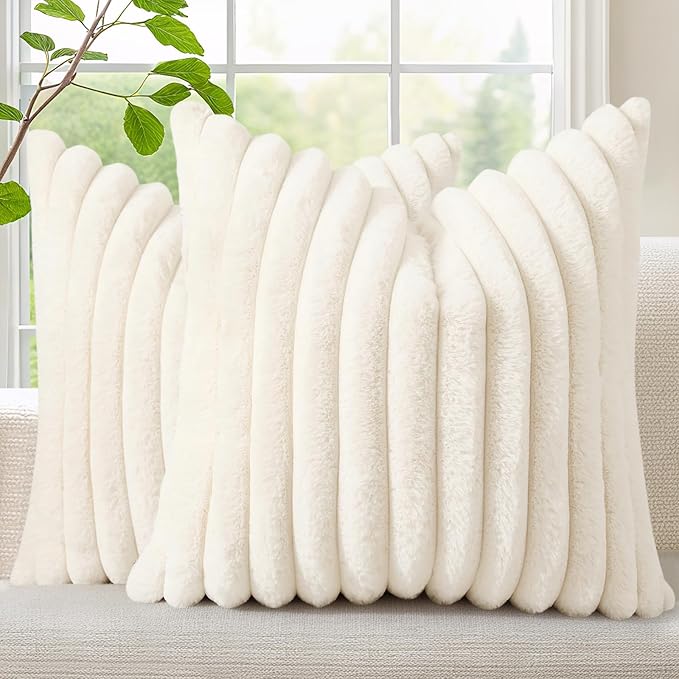 decorUhome Fall Faux Fur Throw Pillow Covers 16x16 Set of 2 Cream White | by decorUhome