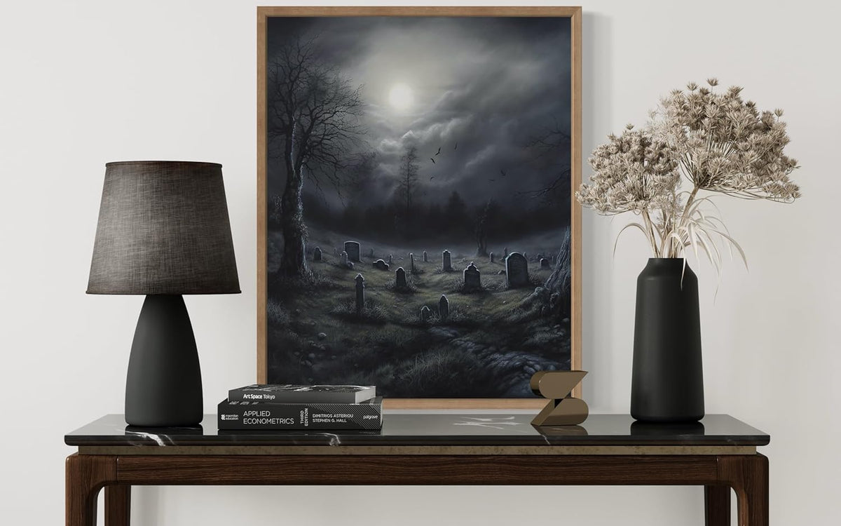 Gothic Graveyard Poster Art Print, Halloween Scary Vintage Wall Art Academia Spooky Painting Decoration for Horror Prints, Posters Bedroom Decor 89 (Gothic Graveyard, 16 x 20 inches, Wood Frame)