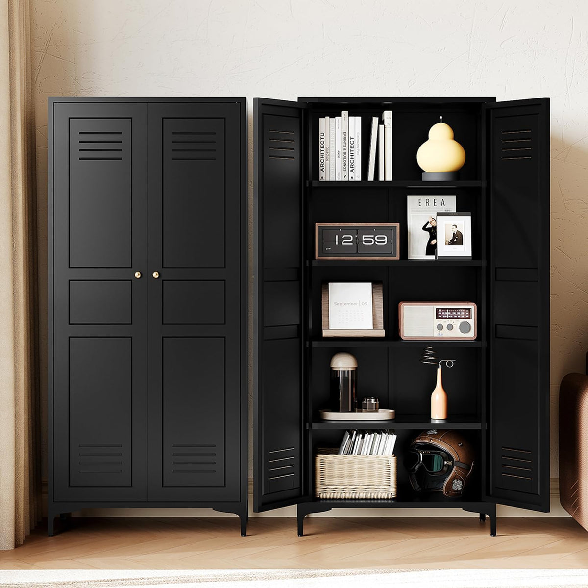 Letaya Black Storage Cabinet with Feets-Metal Home Kitchen Pantry Cabinets with Doors and Adjustable Shelves,Organization Locker for Cupboard/Bedroom/Dining/Living/Bathroom/Office/Garage Room (Black)