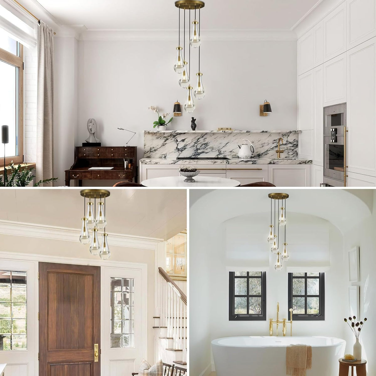 Gold 5 Light Cluster Pendant Lighting, Raindrop Chandeliers Brass Dining Room Lights Fixture, Teardrop Pendant Lights Kitchen Island, Hanging Lamp Ceiling for Entryway Foyer Staircase