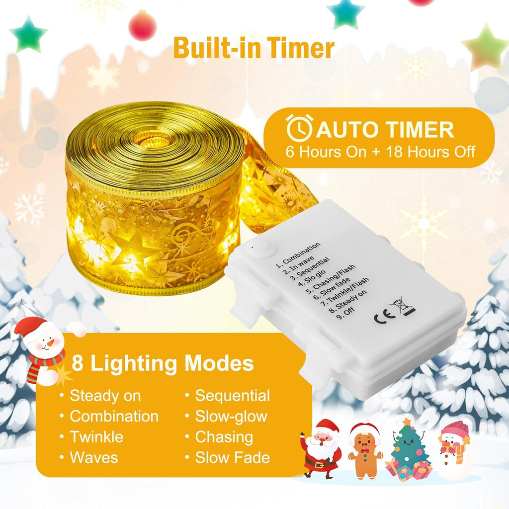 Minetom Christmas Tree Ribbon String Lights - 33ft 100 LED Battery Powered Fairy Lights with Timer and 8 Lighting Modes, Christmas Ribbon Bows Lights for 6ft - 8ft Christmas Tree New Year Decor, Gold