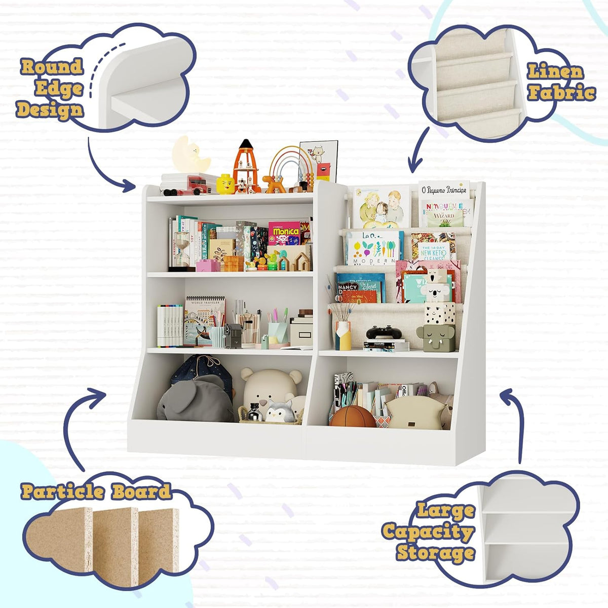 39" Large Kids Wooden Bookshelf and Toy Storage Organizer, Baby Bookcase with Sling Book Rack, Children Toddler Wooden Book Shelf for Kids Rooms, Playroom, Classroom, Nursery, School (White)