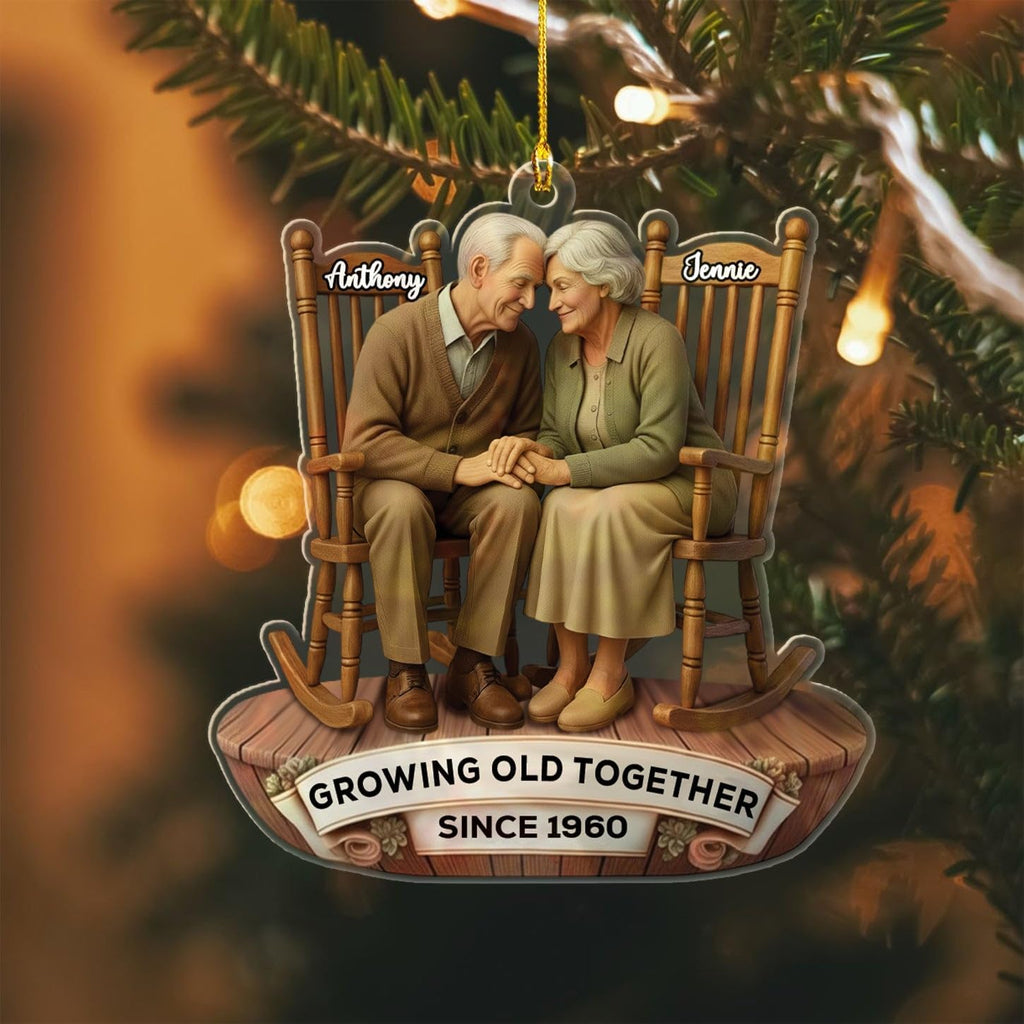 Old Couple Sitting On Rocking Chairs Growing Old Together Christmas Ornament 2025, Personalized Anniversary Shaped Ornament for Mr Mrs Husband Wife Dad Mom Grandpa Grandma, Custom Text Name Ornaments