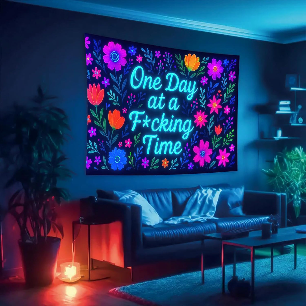 Starlit Patio Neon Flowers Blacklight Tapestry UV Reactive Wall Hanging One Day at a F*cking Time for Bedroom Dorm Living Room Glowing Motivational Decor Fluorescent Trippy Poster 78 x 59 Inch