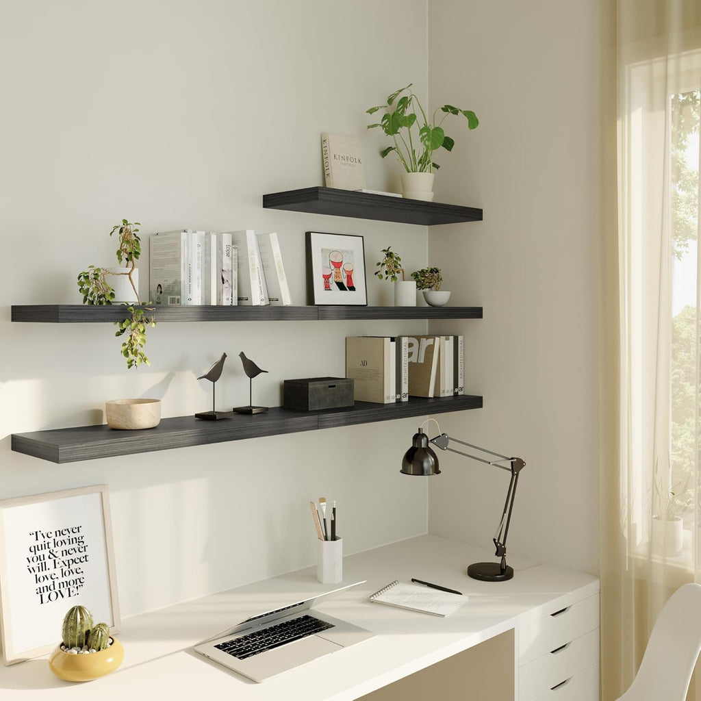 Large Floating Shelves for Wall Set of 2 Wooden Wall Shelves 30 in x 12.75 in x 2 in Room Decor Long Shelf with Invisible Wall Mount Bracket for Bedroom Kitchen Living Room Black Wood