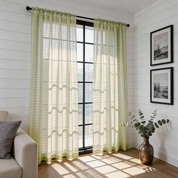 SpaceDresser Check Sheer Curtains 45 Inches 2 Panels Set, Rod Pocket Plaid - Image 4
