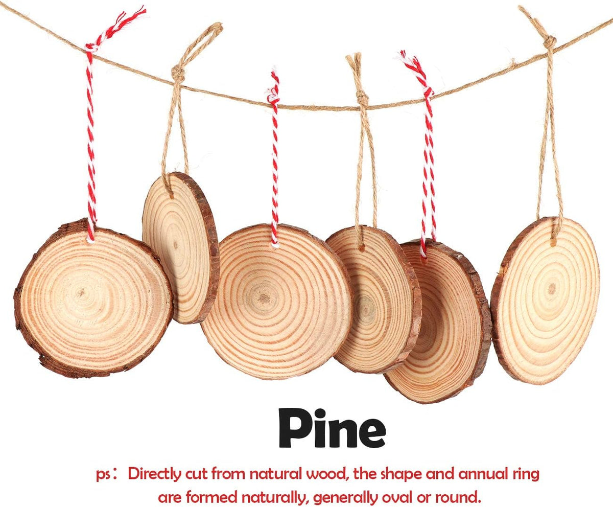50Pcs Wood Slices 2.4"-2.8" Unfinished Wood Rounds with Pre-drilled Hole and 66Feet Twine String, Natural Wood for Crafts for Home Decor Painting DIY Christmas Ornaments Party Wedding Decor