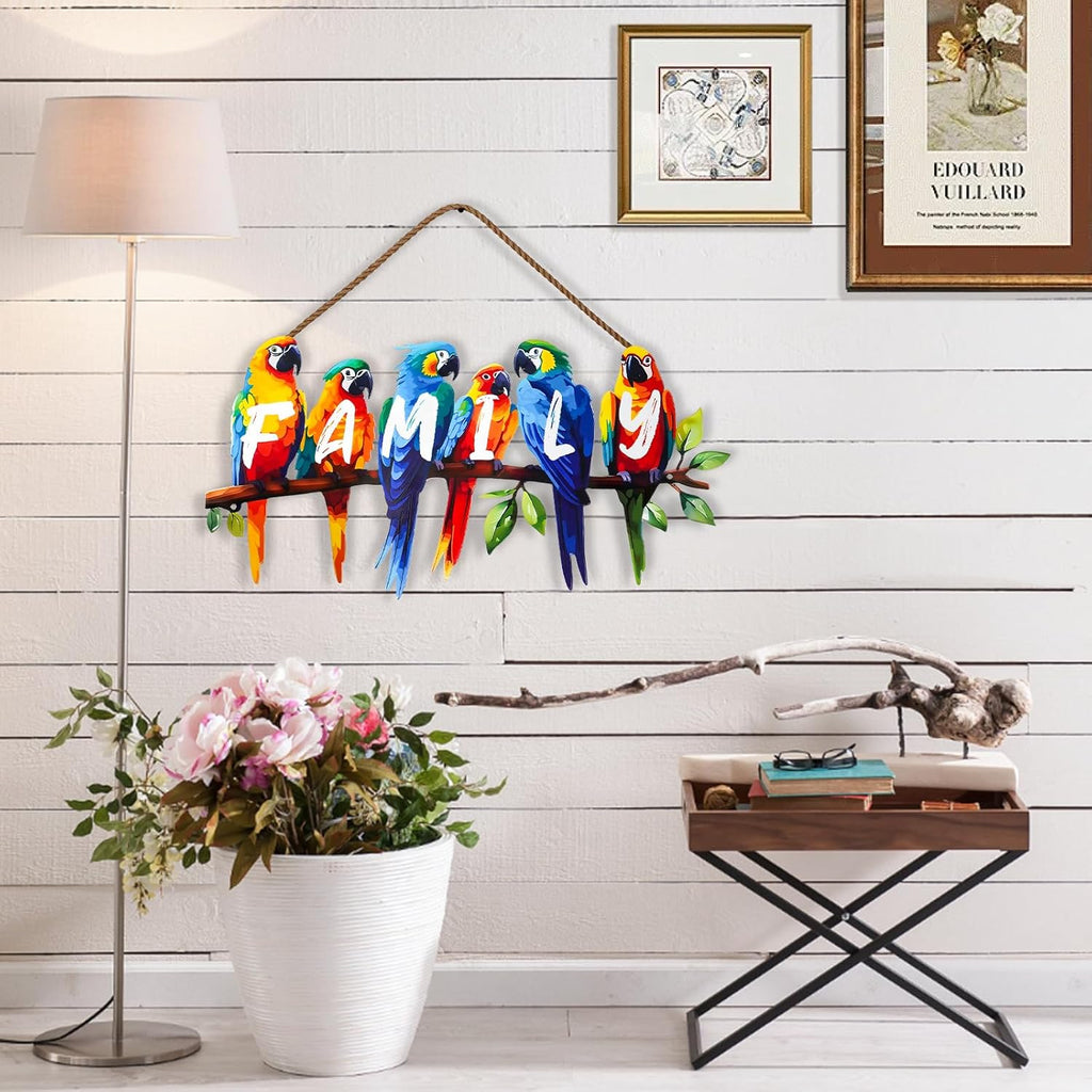 ULENDIS Metal Parrot Wall Art, Birds on Branch Wall Decor Family Sign for Front Door, Wall Hanging Decoration for Garden Living Room Balcony Patio Indoor Outdoor