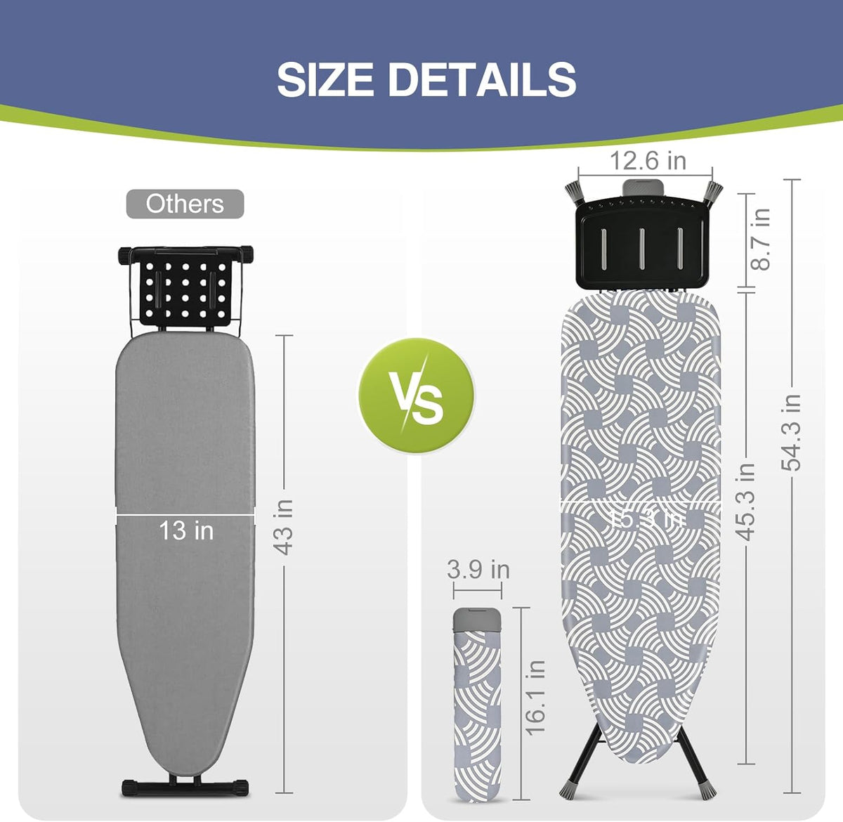 APEXCHASER Ironing Board, Full Szie Iron Board with Iron Rest,Height Adjustable,Extra Thick Heat Resistant Cover with Sleeve Board 15x45 Blue