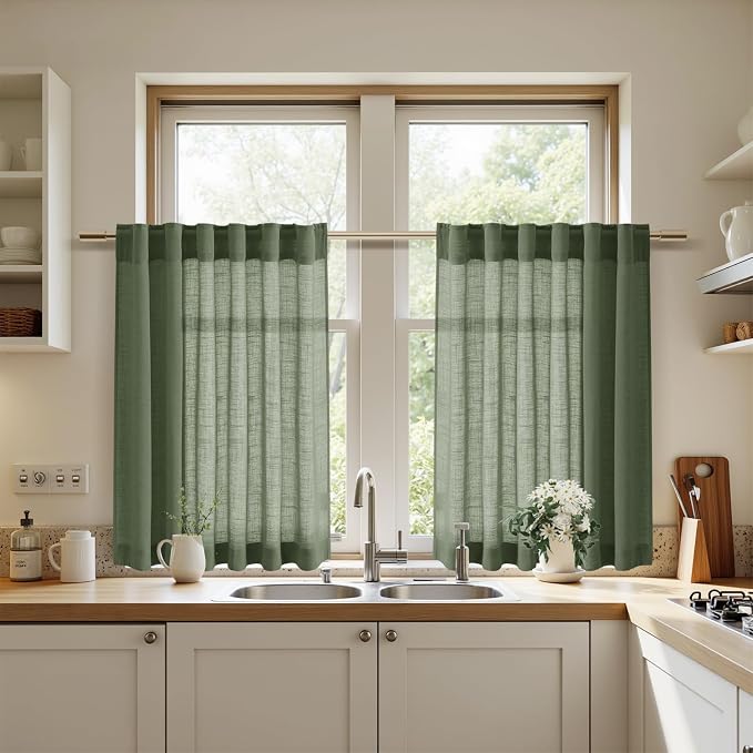 Linen Kitchen Curtains 30 Inches Long 2 Panels Olive Green Semi Sheer Short - Image 7