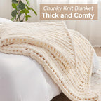Chunky Knit Throw Blanket, 80''*90'' Knitted Throw Chenille Yarn for Bed Couch, Handmade Cream Crochet Big Thick Blanket, Machine Washable Cute Comfy Blanket for Home Decor