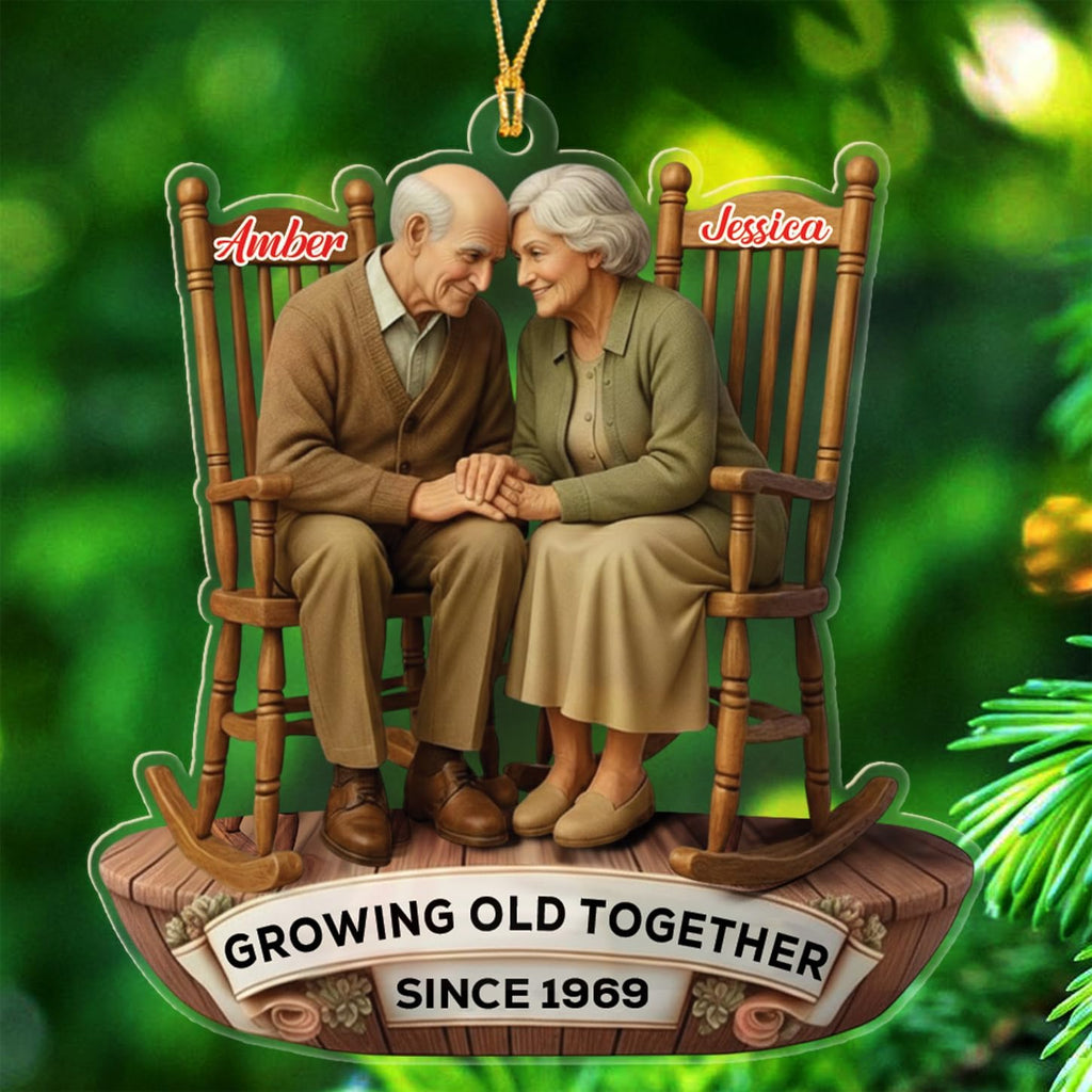 Custom Old Couple Sitting On Rocking Chairs Growing Old Together Since Christmas Ornament 2025, Personalized Year & Names Mr & Mrs Ornament Gift for Grandparents Grandpa Grandma/Husband Wife Dad Mom