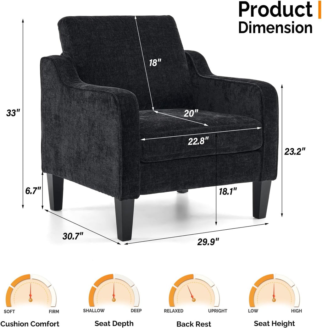 VINGLI Mid Century Modern Accent Chairs, Black Soft Chenille Reading Chair Upholstered Armchair Side Chairs Sofa Couches for Living Room, Bedroom, Apartment
