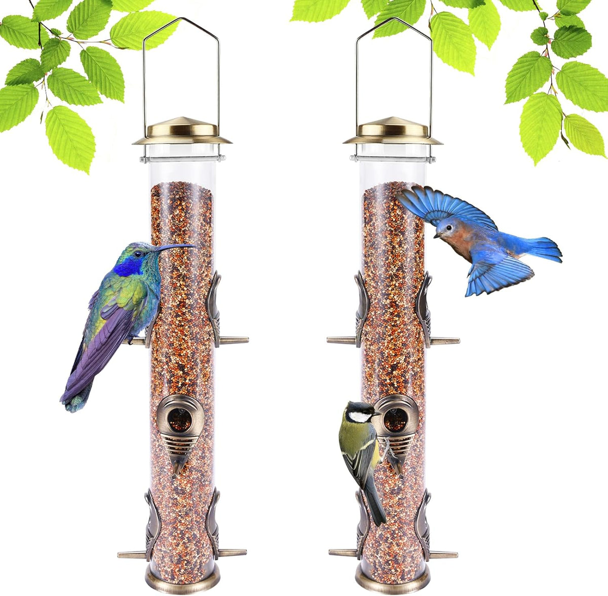 MIXXIDEA 2PK Metal Wild Bird Feeder Squirrel Proof Bird Feeders for Outside Hanging 6 Port Tube Bird Feeder Transparent Finch Feeder with Steel Hanger (Bronze)