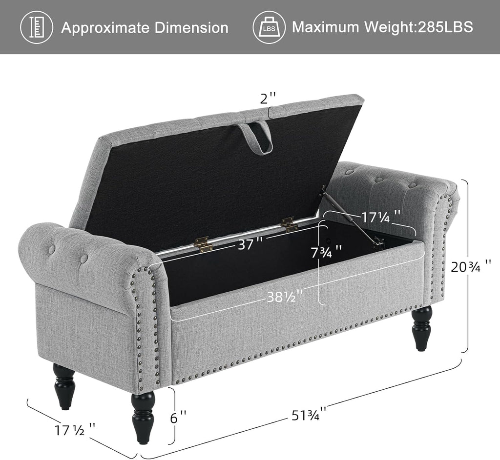 Furniliving 51” Bedroom Bench, End of Bed Bench with Button-Tufted Large Upholstered Storage Bench Ottoman Linen Window Benches with Storage Shoe Cabinet, for Bedroom, Entryway, Closet, Grey