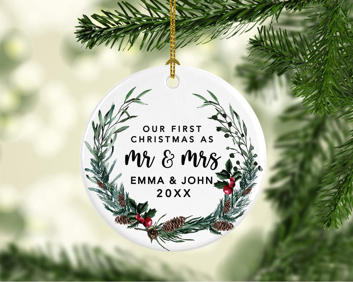 Andaz Press Personalized Our First Christmas As Mr. & Mrs. 2024 Christmas Ornaments Holly & Pinecone Wreath 2.8" Round Porcelain Ceramic 1St Year Married Custom First Christmas Married Ornament 1-Pack