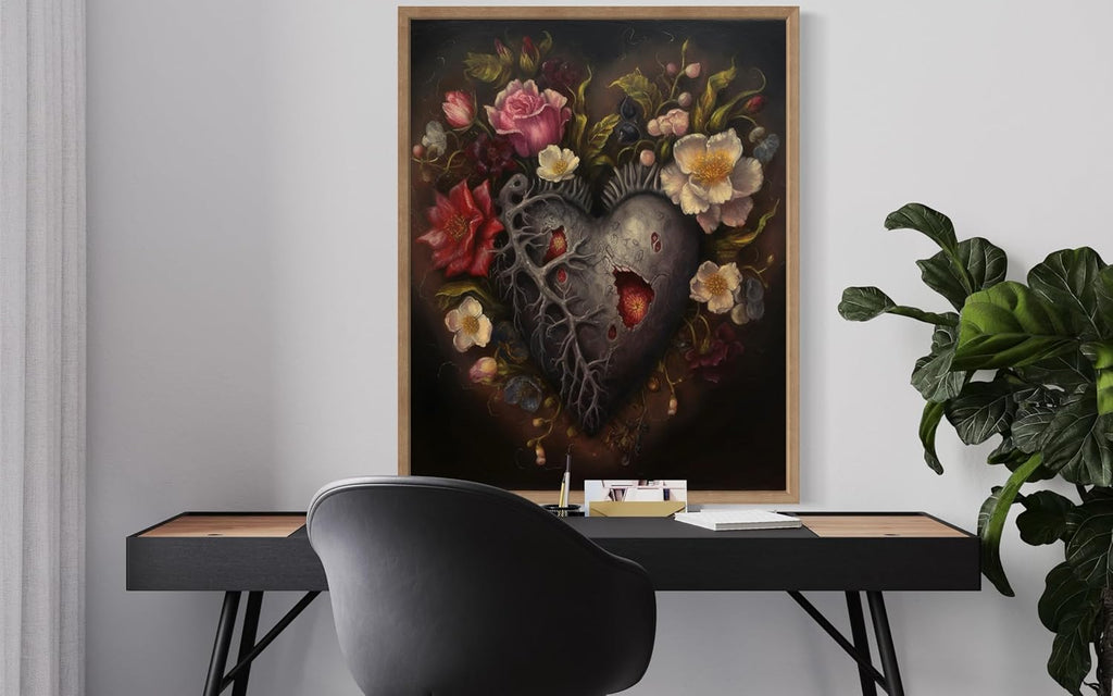 Gothic Heart Poster Art Print, Halloween Scary Vintage Wall Art Academia Spooky Painting Decoration for Horror Prints, Posters Bedroom Decor 89 (Gothic Heart, 8 x 10 inches, Wood Frame)