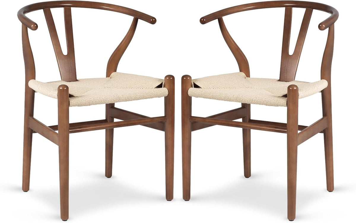 POLY & BARK Weave Dining Chairs – Mid-Century Modern Wishbone Dining Chairs with Arms, Solid Wood Frame, Indoor Use – Walnut– Set of 2 - Ideal for Dining Room, Kitchen or Stylish Accent Setting