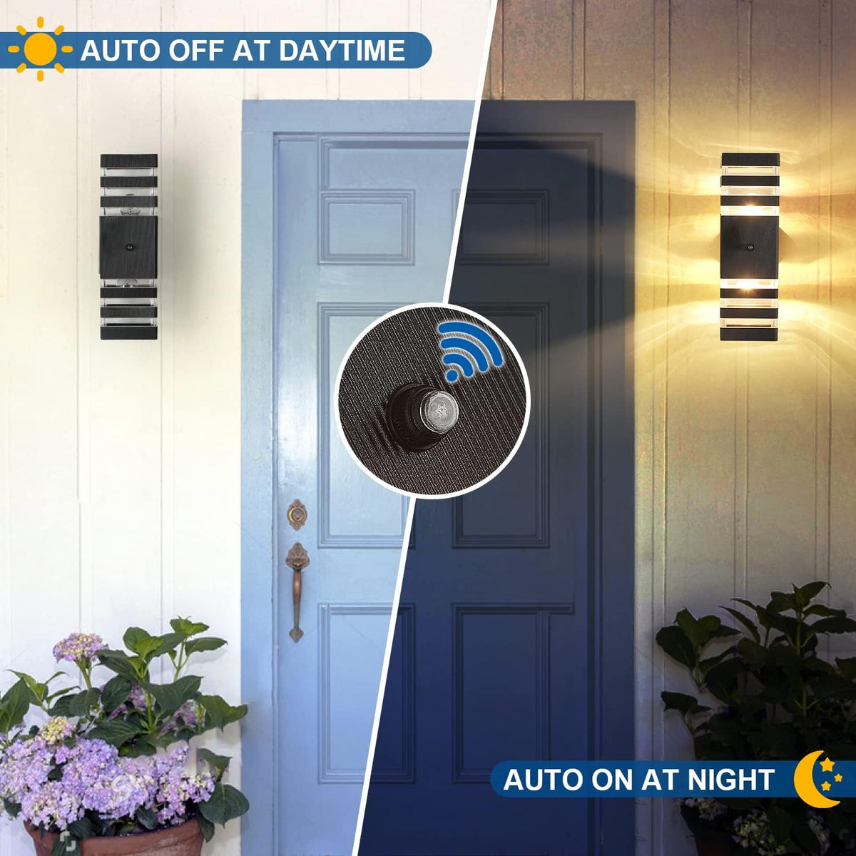 2PK Dusk to Dawn Sensor Outdoor Wall Lights Up Down Porch Lights Modern Exterior Light Fixtures Photocell Waterproof Black Aluminum Housing for Front Porch, Patio, Garage (Use Two E26 Bulbs)