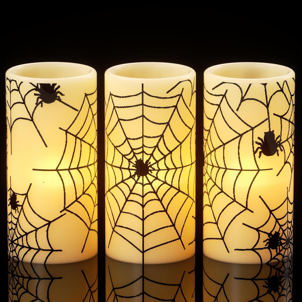 Wondise Halloween Flickering Flameless Candles with Spider Decals, Battery Operated Candles with 6hrs Timer, Real Wax Halloween LED Candles for Horror Spooky Halloween Home Decoration(Set of 3, 3"x6")