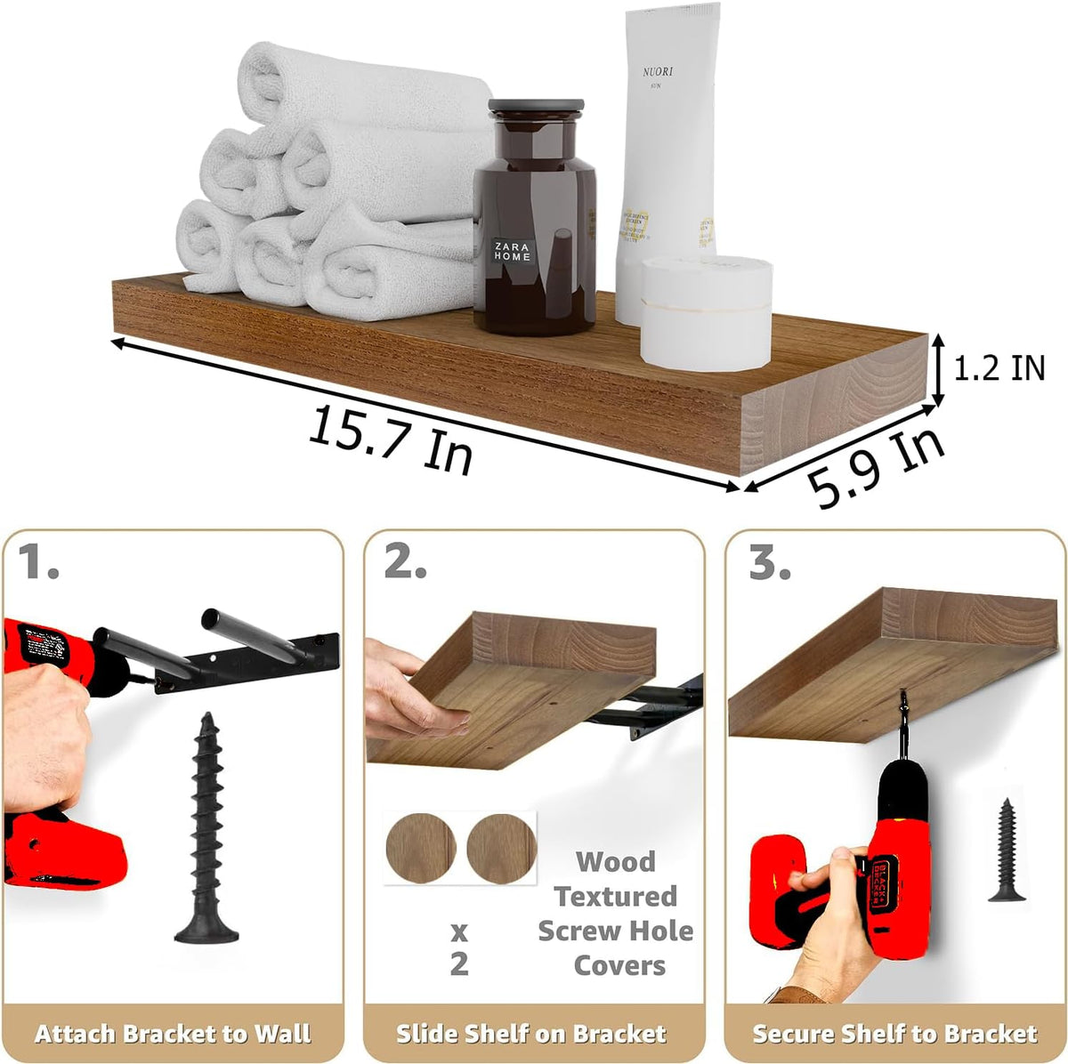 IAE Walnut Floating Wall Shelves 16 inch, Bathroom Shelves Wall Mounted,Invisible Shelf Floating Kitchen Shelves,Wooden Wall Shelving with Brackets for Living Room Wall Mounted,Easy Install,Set of 2