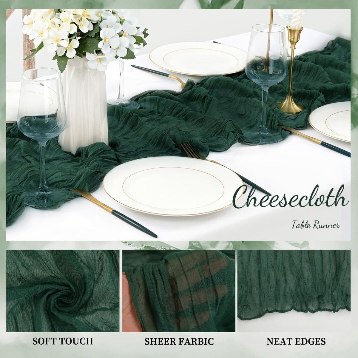 Emerald Green 12 Pack Cheesecloth Table Runner 10FT Boho Fabric Rustic Cheese Cloth Table Runner for Wedding 20 x 120 Inch Long Bridal Shower Baby Shower Gauze Sheer Birthday Party Table Decorations