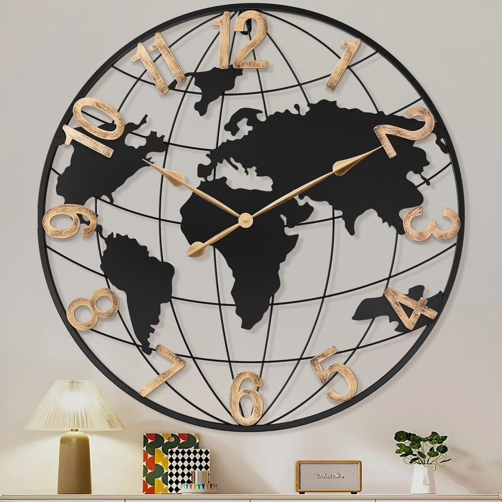 36 Inch Extra Giant Oversized Black Metal Wall Clock,Large Modern Decorative Silent World Map Wall Clock with Vintage Gold Arabic Numeral for Living Room,Entrance Fireplace,Dining Room Decor