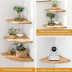 Corner Shelves, Floating Corner Shelf, Set of 2 Solid Oak Wood Wall Shelves, Round End Wall Mount with Wire Hole Shelving for Small Plant for Bedroom Kitchen, Living Room 8.7“