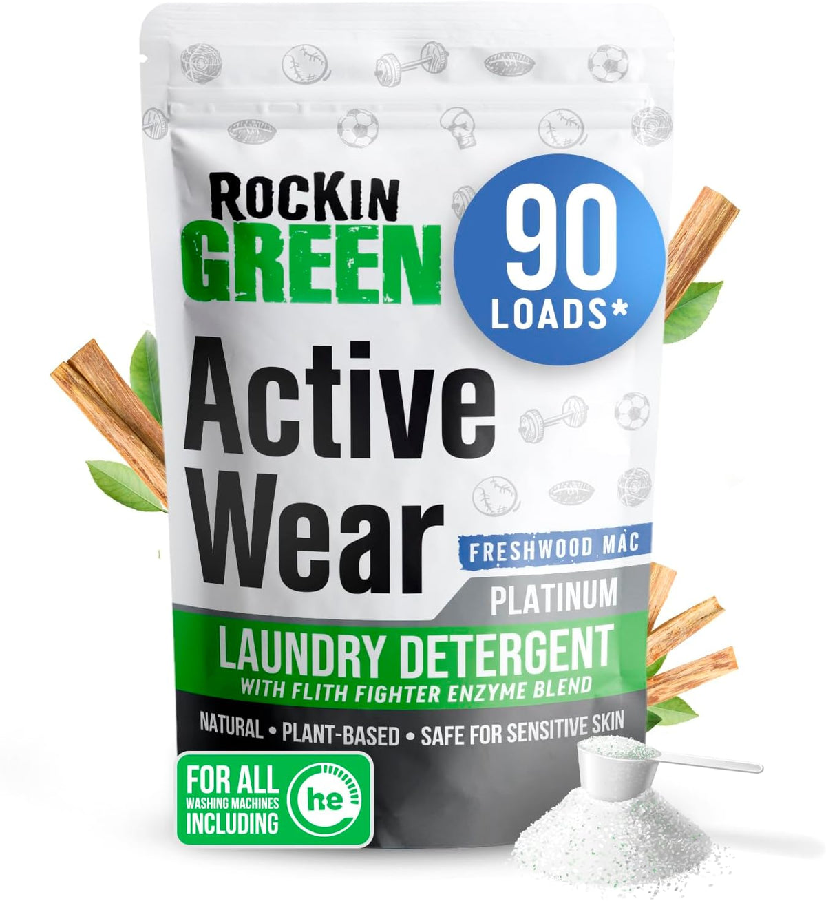 Rockin' Green Laundry Detergent, Plant based, All Natural Laundry Detergent Powder, Vegan and Biodegradable Odor Fighter, Safe for Sensitive Skin (Active Wear 90 Loads - Freshwood Mac)