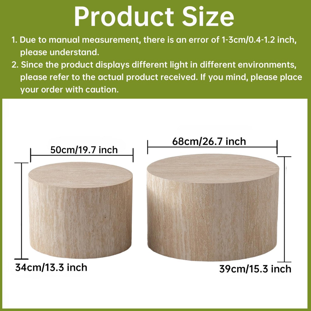 Round Nesting Coffee Table Set of 2 Small Round Coffee Tables for Living Room Modern Fluted Coffee Table Circular End Table Side Table for Small Spaces No Assembly (Travertine, 27 in)