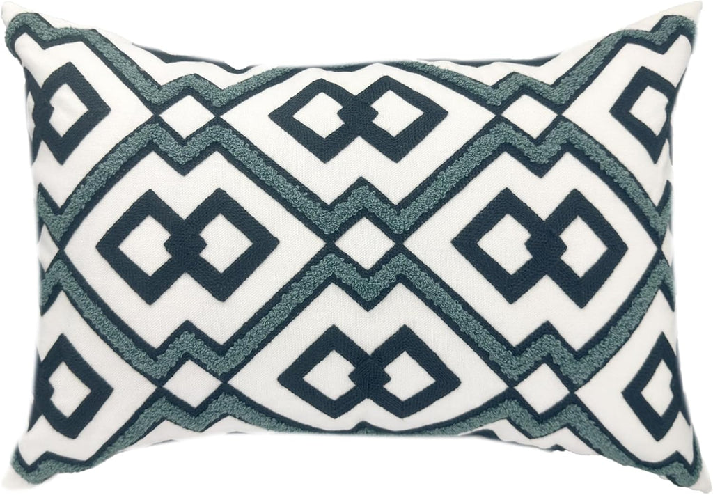 Alysheer Embroidered Lumbar Decorative Throw Pillow Cover 12"x 20", Classic Boho Geometric Embroidery Pattern Cotton Rectangular Cushion Case for Sofa Couch Living Room Bedroom (Navy Aqua)