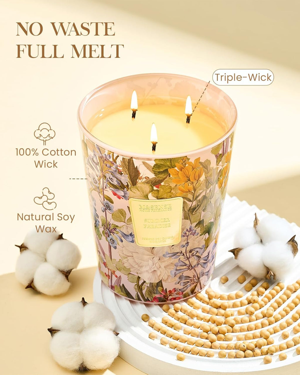 M&SENSE Citrus Water Flower Scented Candles, 35oz 150H Long Lasting, 3 Wick Soy Candles,Natural Aromatherapy Calm Stress Relief, Home Fragrance Housewarming Gifts