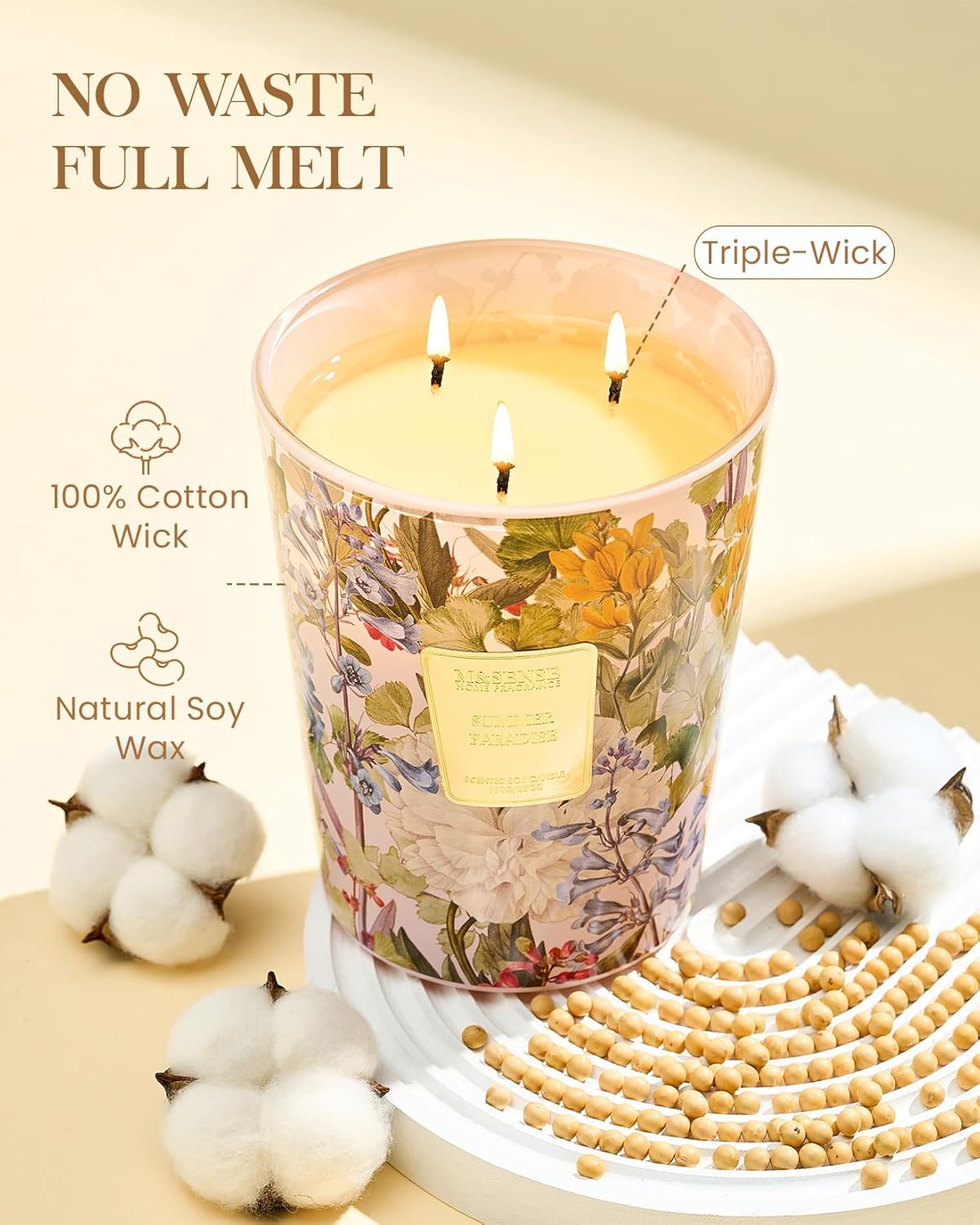 M&SENSE Citrus Water Flower Scented Candles, 35oz 150H Long Lasting, 3 Wick Soy Candles,Natural Aromatherapy Calm Stress Relief, Home Fragrance Housewarming Gifts