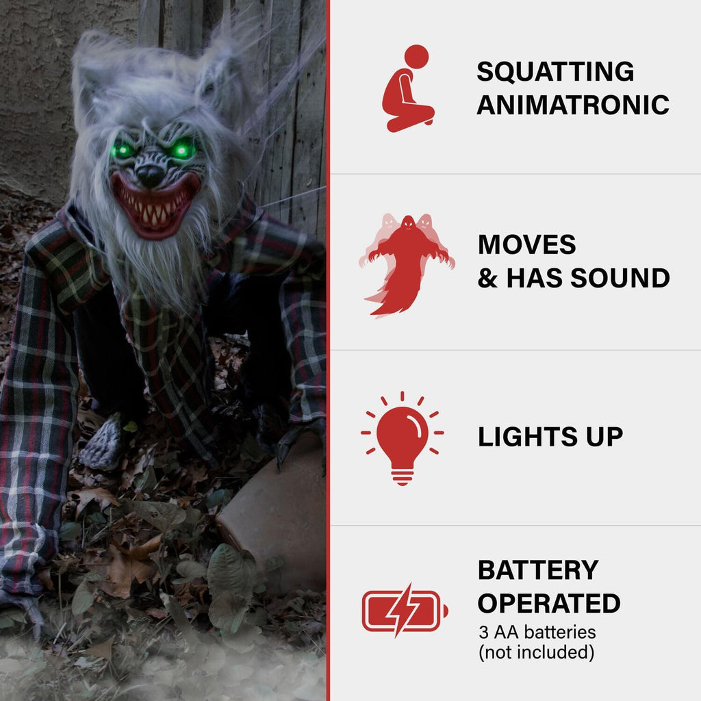 Haunted Hill Farm Squatting Werewolf Animatronic with Movement,Sounds,and Light-Up Eyes for Scary Halloween Decoration,24 x 18 x 30
