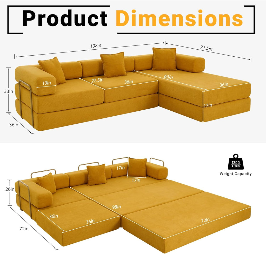 108" Oversized Convertible Sleeper Sofa Bed, Corduroy L Shape Sectional Couch, Folding Sofa Bed with Side Pocket, Modern Cloud Floor Mattress Couch, Modular Sofa for Living Room, Yellow
