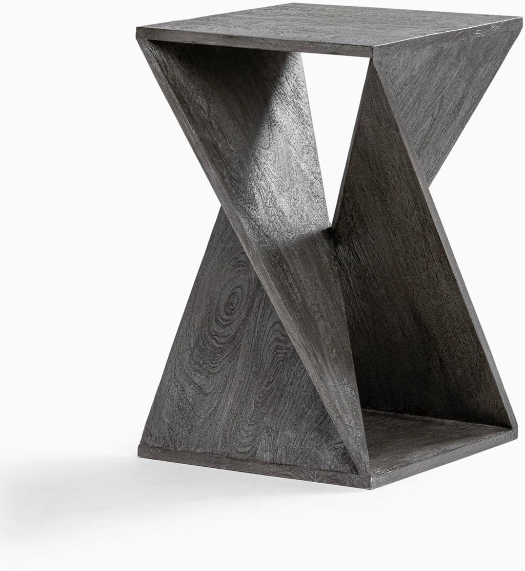 Modern Hand Made One-of-a-Kind Carved Mango Wood End Table, Farmhouse Side Table,Farmhouse End Table,Living Room,Bedroom, Accent Table, Contemporary Architectural Designed Grey,Assembled