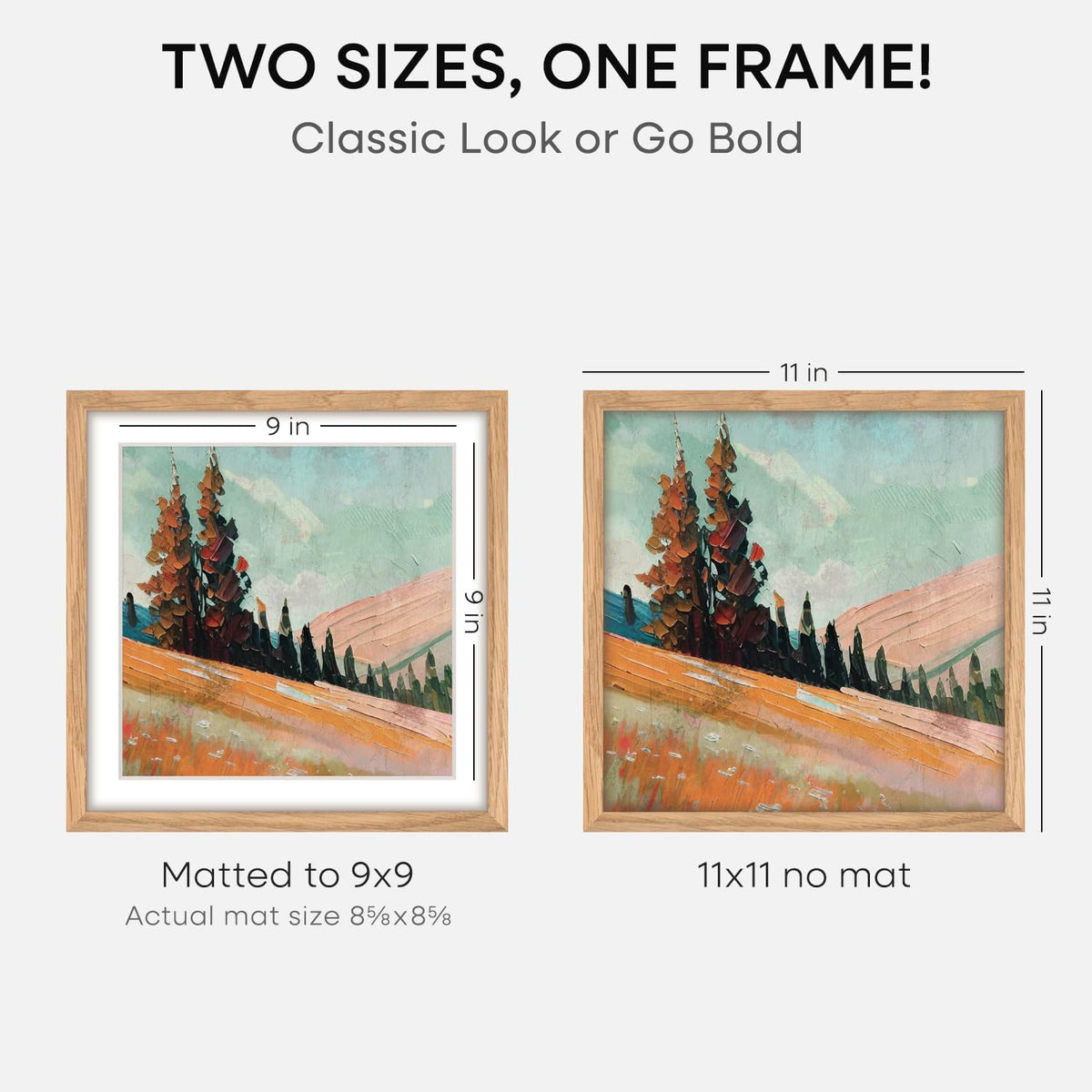 Homeforia 11x11 Picture Frame Wood, High-End Natural Oak 11 x 11 Thin Square Poster Frames with Mat 9 by 9 inch Photo, 11by11 Light Wooden Frame Matted to 9x9 Print, Tempered Glass, Wall Kit, Set of 1