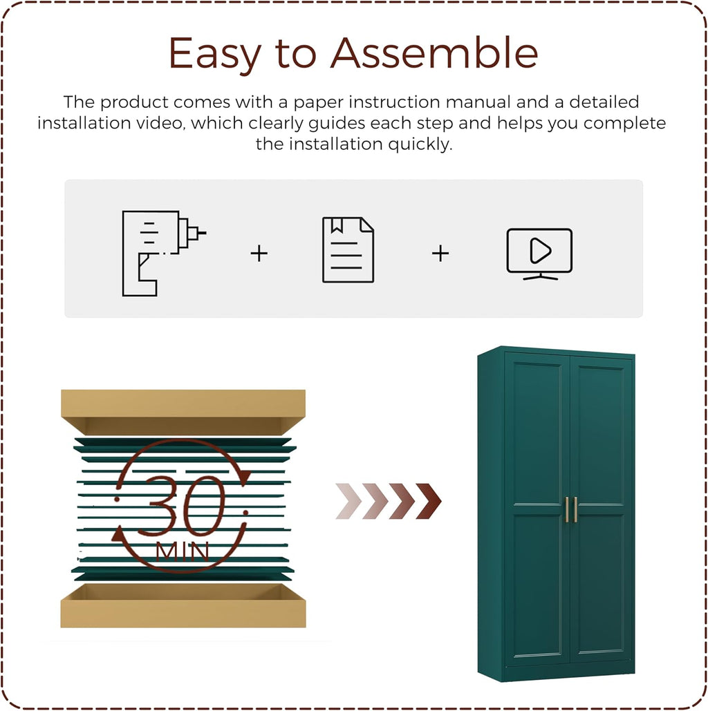 71" Metal Pantry Cabinet, Tall Kitchen Pantry Storage Cabinet with 4 Adjustable Shelves and Gold Handles, Green Cupboard for Kitchen, Dining Room, Living Room