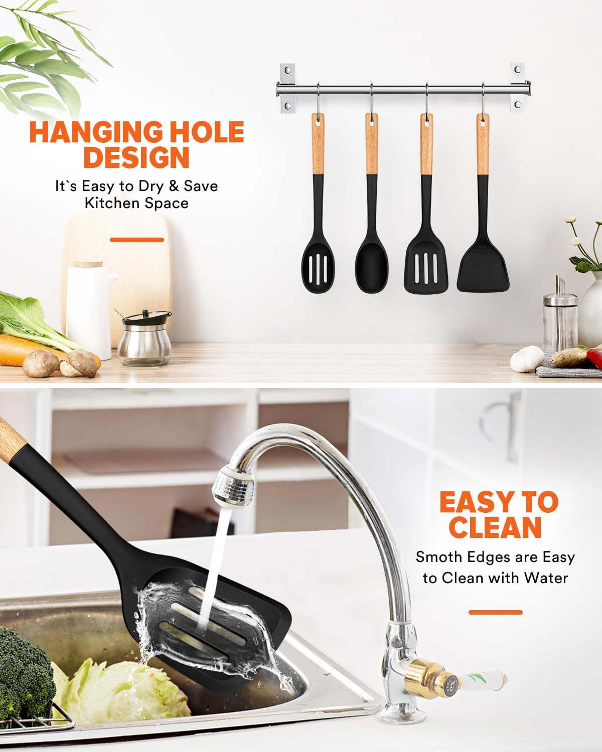 Silicone Cooking Utensils Set, Perfectly Angled for Frying, Mixing,Serving,Draining,Turning and Stirring, BPA-Free Matte Silicone, Wood Handles, Safe for Nonstick Cooking Surfaces,4 Pack (Black)