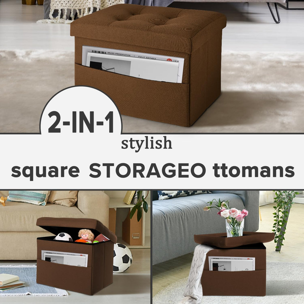 LINMAGCO Storage Ottoman Folding Foot Stool Foot Rest with Side Pocket Modern Ottoman with Storage Short Sofa Stool Linen Cloth 17x13x13(Brown)