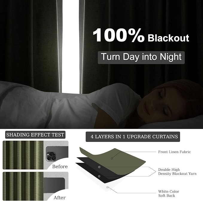 Topfinel 102 Inch Long Linen Blended Blackout Curtains 2 Panels, Back Tab - Image 6
