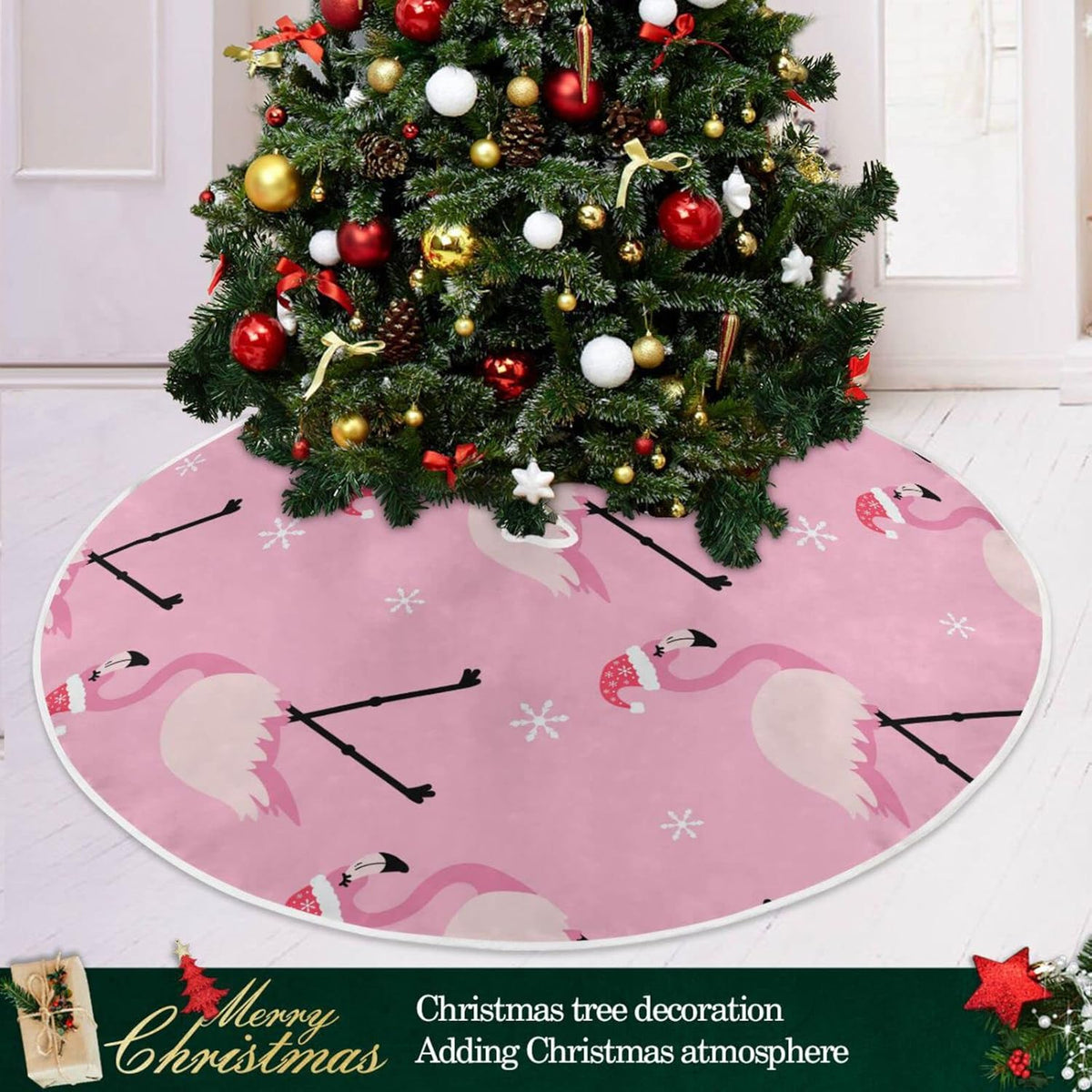 Christmas Pink Flamingo Tree Skirt, Seasonal Tree Mat Holiday Party Supplies Ornaments Indoor Outdoor Decorations for Tabletop Trees 35.4 Inches